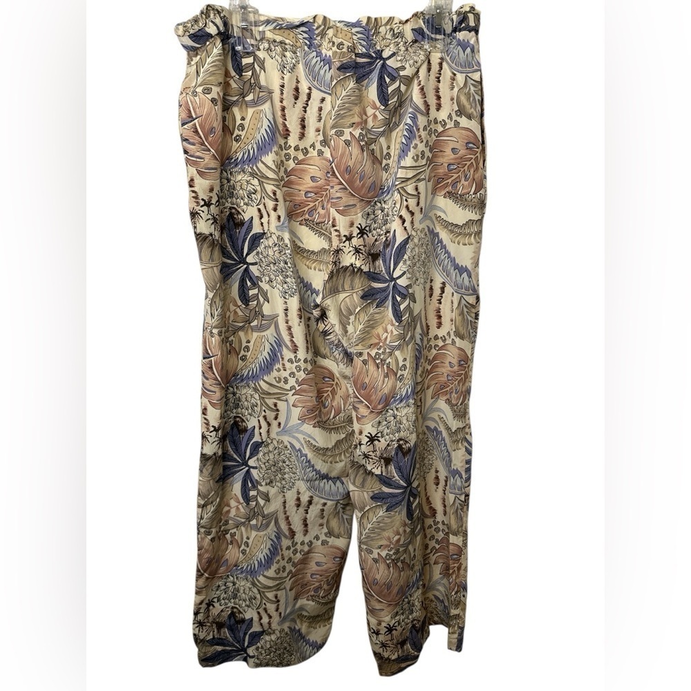 Fuda Silk Tropical Print Drawstring Wide Leg Pants S - Picture 2 of 8